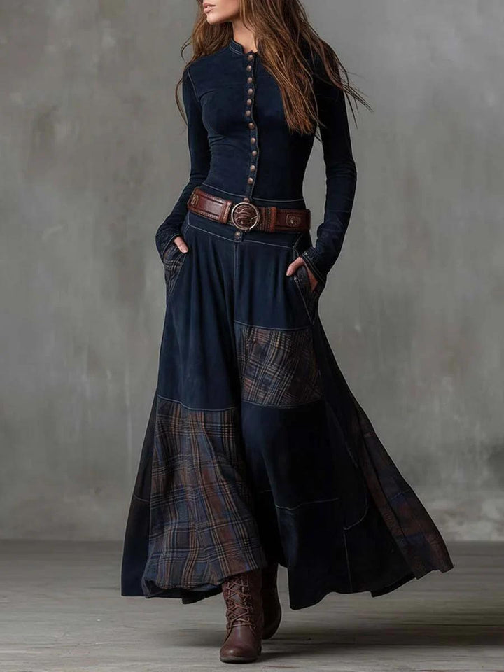 Leonora | Vestido Largo Vintage en Ante Azul Marino (Incluye Cinturón)