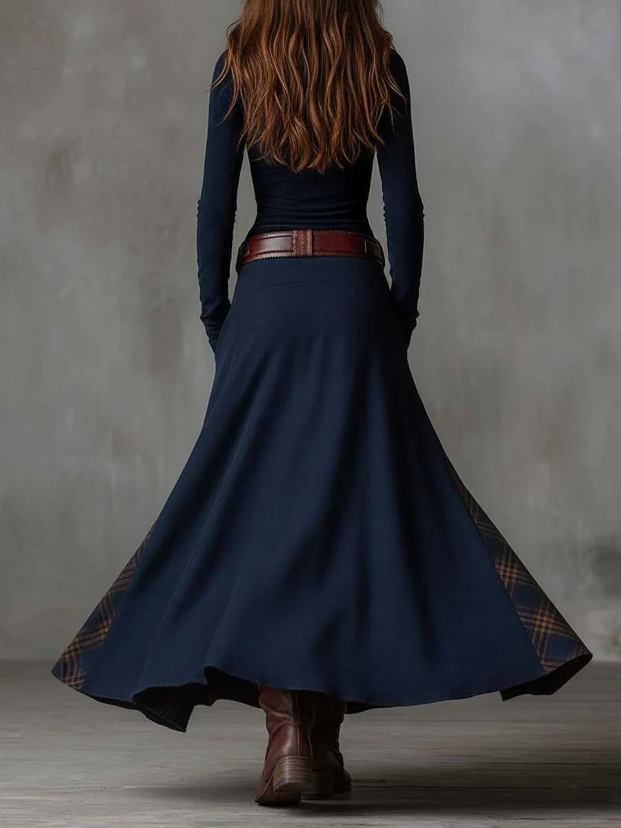 Leonora | Vestido Largo Vintage en Ante Azul Marino (Incluye Cinturón)