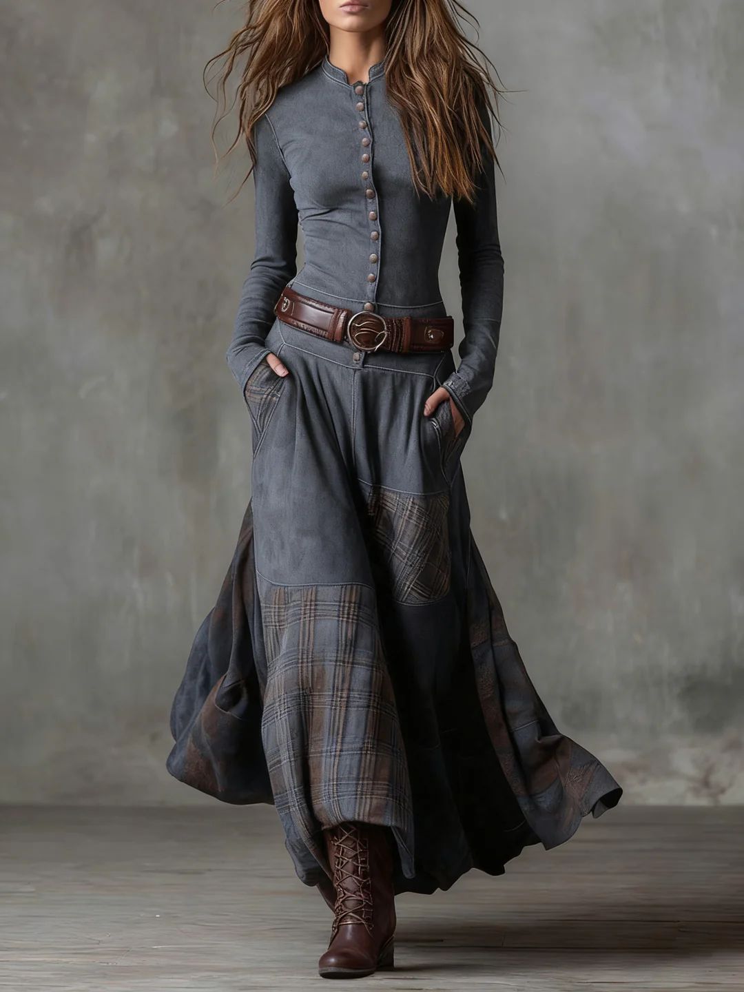 Leonora | Vestido Largo Vintage en Ante Azul Marino (Incluye Cinturón)