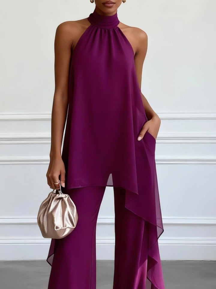 Conjunto de Top Elegante Sin Mangas en Color Púrpura con Pantalones