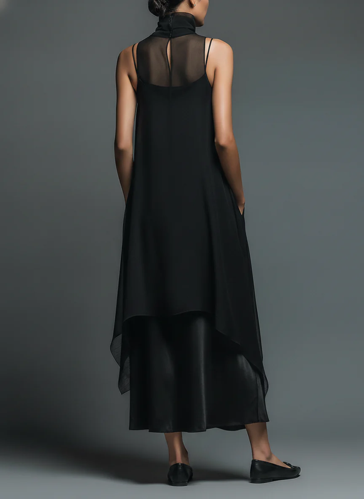Vestido Largo Minimalista Negro de Fibra de Acetato Imitado, Combinado con un Cubresuelos de Chiffon - Conjunto de Dos Piezas