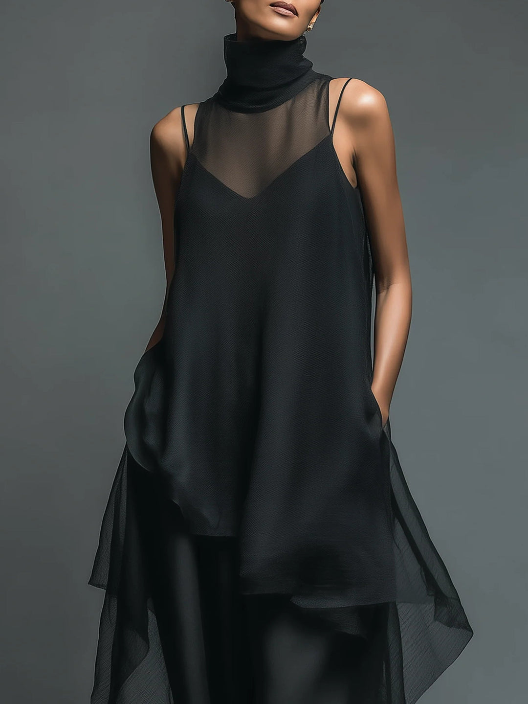 Vestido Largo Minimalista Negro de Fibra de Acetato Imitado, Combinado con un Cubresuelos de Chiffon - Conjunto de Dos Piezas