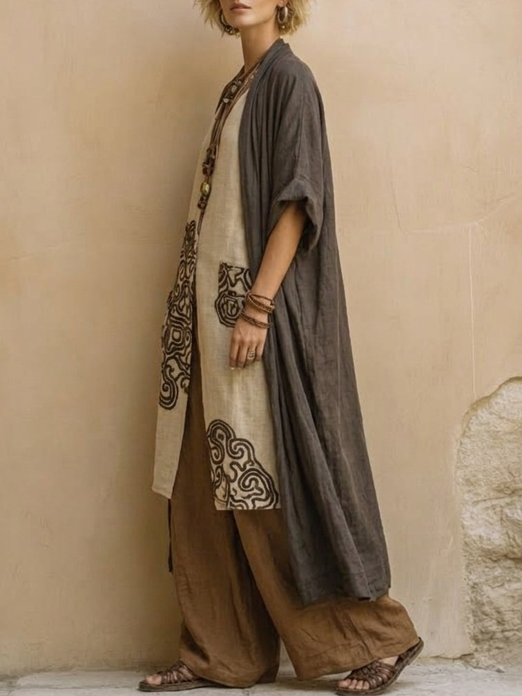 Conjunto de tres piezas de patrón tribal bohemio nómada en gris oscuro y marrón