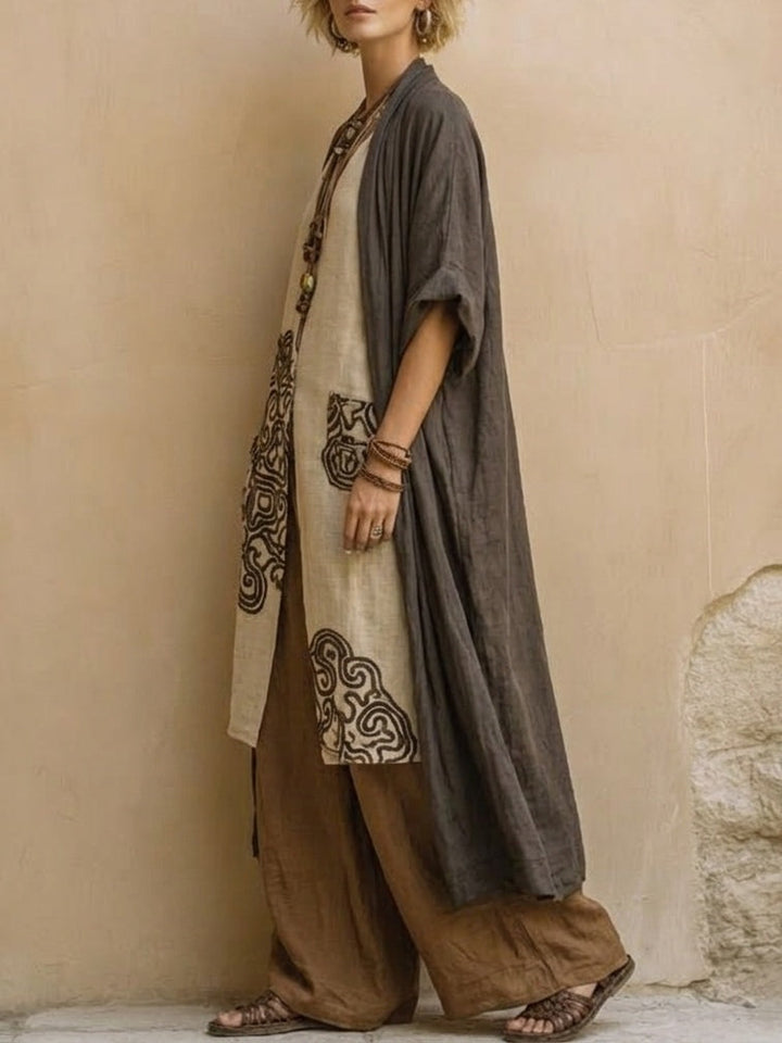 Conjunto de tres piezas de patrón tribal bohemio nómada en gris oscuro y marrón
