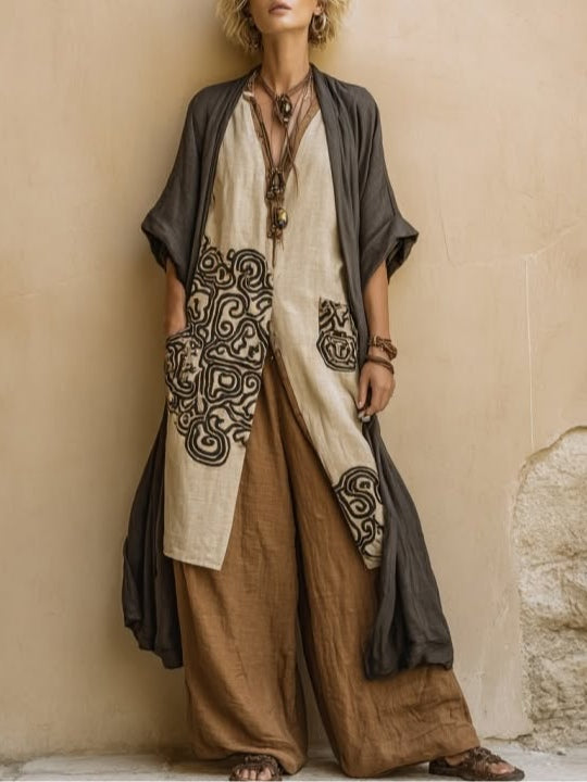 Conjunto de tres piezas de patrón tribal bohemio nómada en gris oscuro y marrón