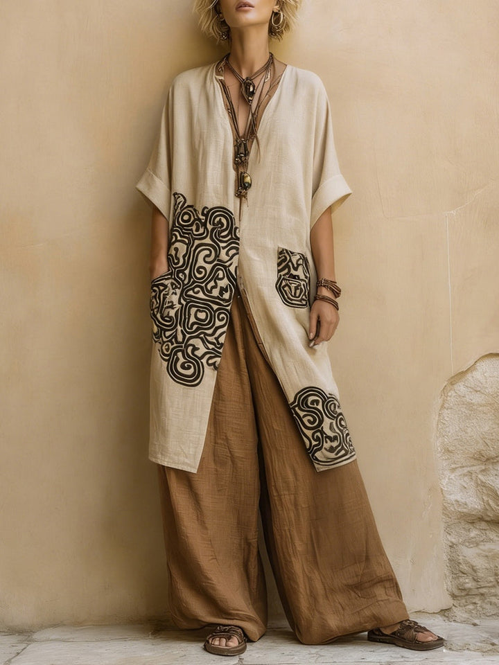Conjunto de tres piezas de patrón tribal bohemio nómada en gris oscuro y marrón
