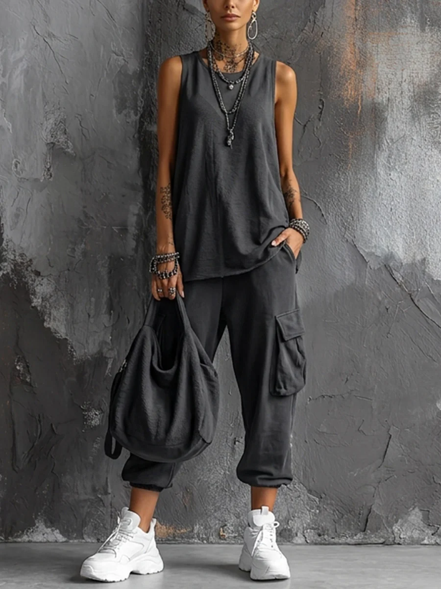 Conjunto Casual de Chaleco Gris Oscuro y Pantalones Cargo Jogger