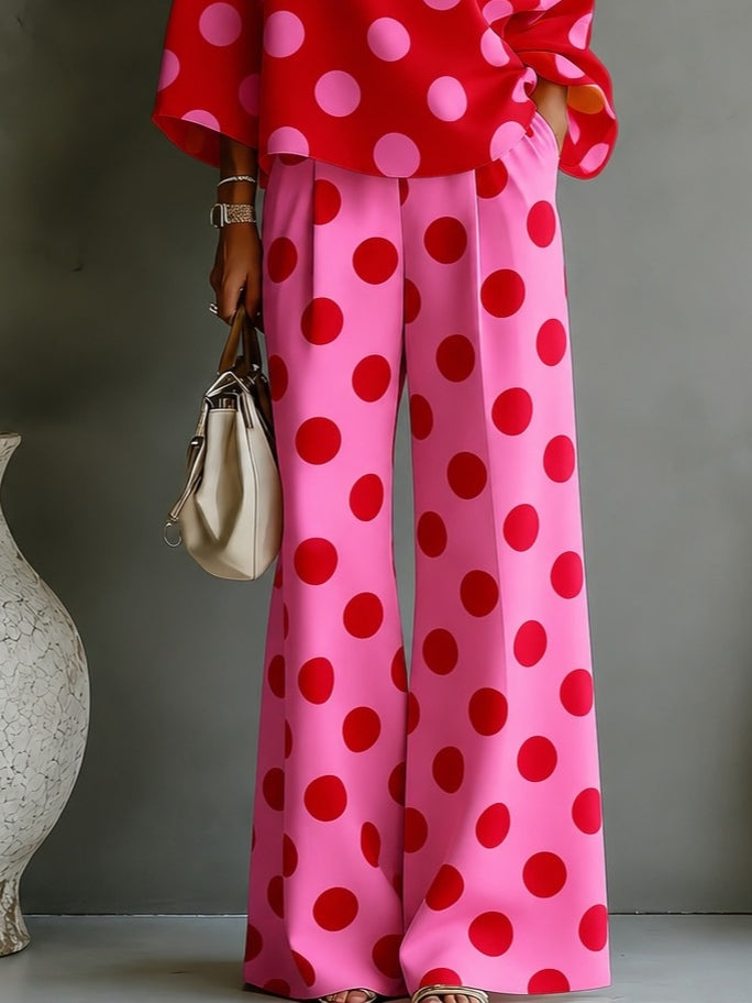 Conjunto de Top Rosa Retro con Lunares y Pantalones de Pierna Ancha