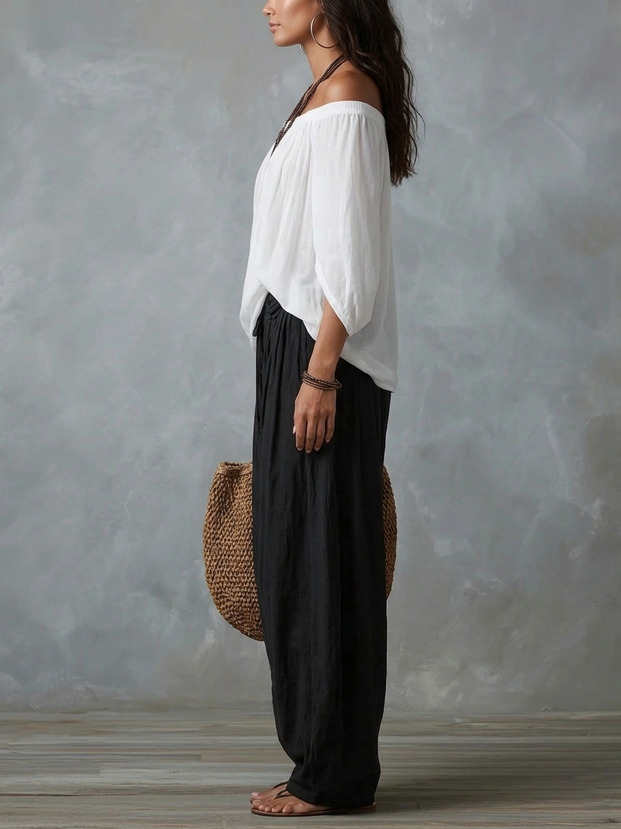 Conjunto de Top Blanco Off-the-Shoulder y Pantalones Lantern Holgados