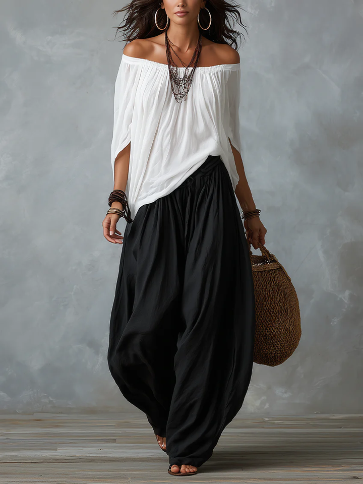 Conjunto de Top Blanco Off-the-Shoulder y Pantalones Lantern Holgados
