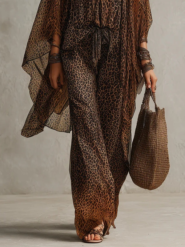 Ropa Fluyente de Impresión de Leopardo con Degradado Bohemio - Conjunto de Tres Piezas