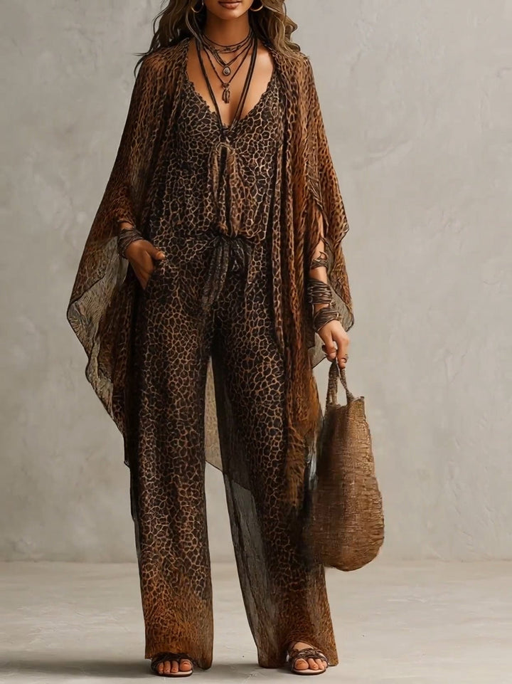 Ropa Fluyente de Impresión de Leopardo con Degradado Bohemio - Conjunto de Tres Piezas