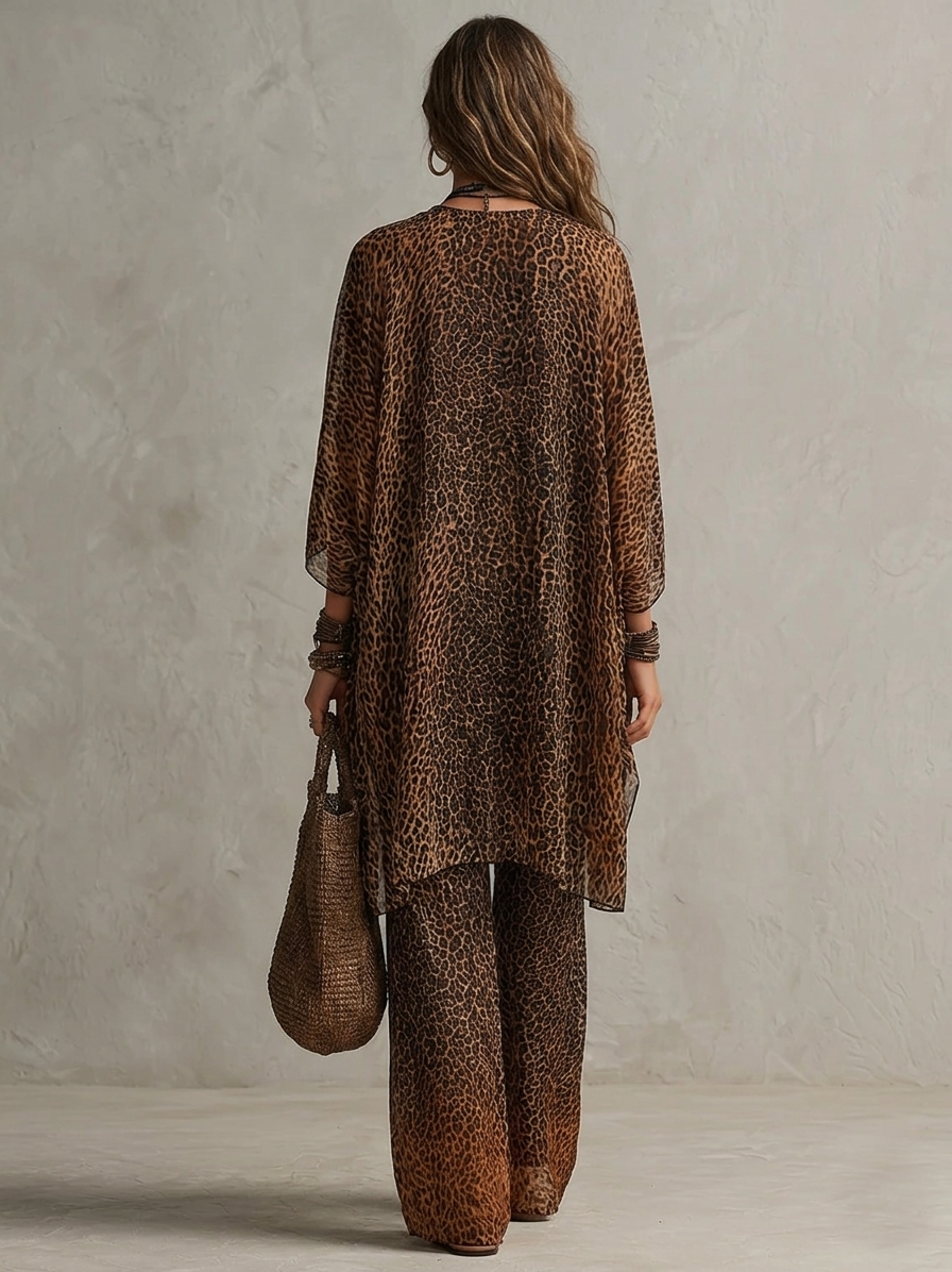 Ropa Fluyente de Impresión de Leopardo con Degradado Bohemio - Conjunto de Tres Piezas